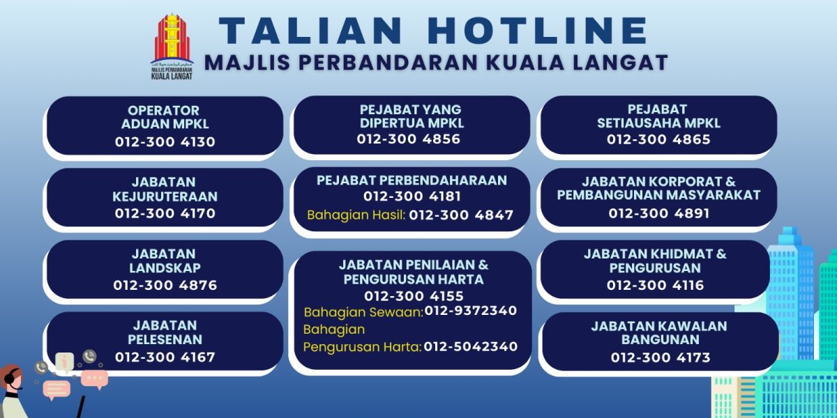 Anda Boleh Membuat Aduan Atau Pertanyaan Kepada Majlis Perbandaran Kuala Langat Dengan Menghubungi Talian Hotline Atau Melalui Aplikasi Whatsapp Seperti Berikut :