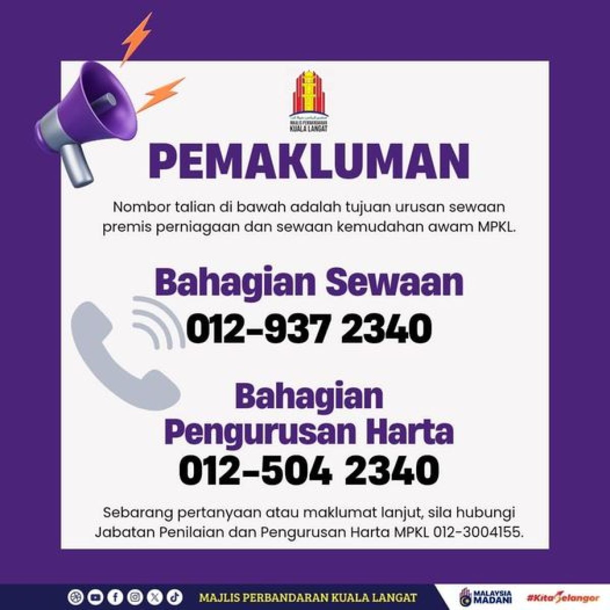 Pemakluman Penambahan 2 Nombor Perkhidmatan Bagi Jabatan Penilaian Dan Pengurusan Harta MPKL Untuk Tujuan Urusan Sewaan Premis Perniagaan Dan Sewaan Kemudahan Awam MPKL