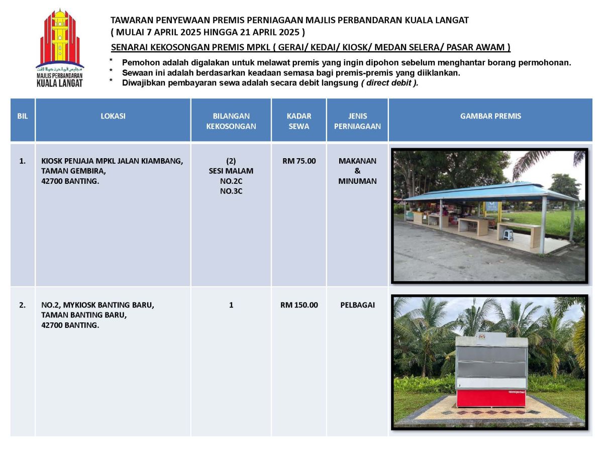 Tawaran Penyewaan Premis Perniagaan Majlis Perbandaran Kuala Langat (Mulai 7 April 2025 Hingga 21 April 2025)